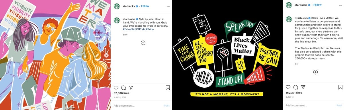 screenshot of Starbucks Instagram posts depicting examples of voice and tone